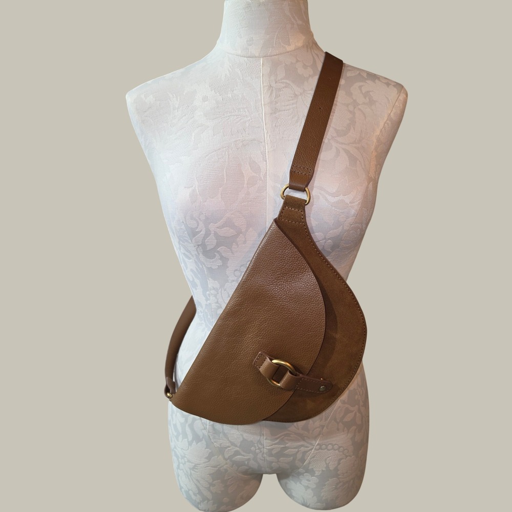 Banana Republic Brown Leather Suede Sling Crossbody Belt Bag Gold Ring Detail